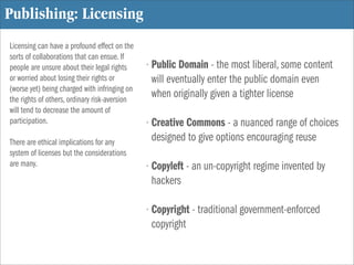 Publishing: Licensing
Licensing can have a profound effect on the
sorts of collaborations that can ensue. If
people are un...