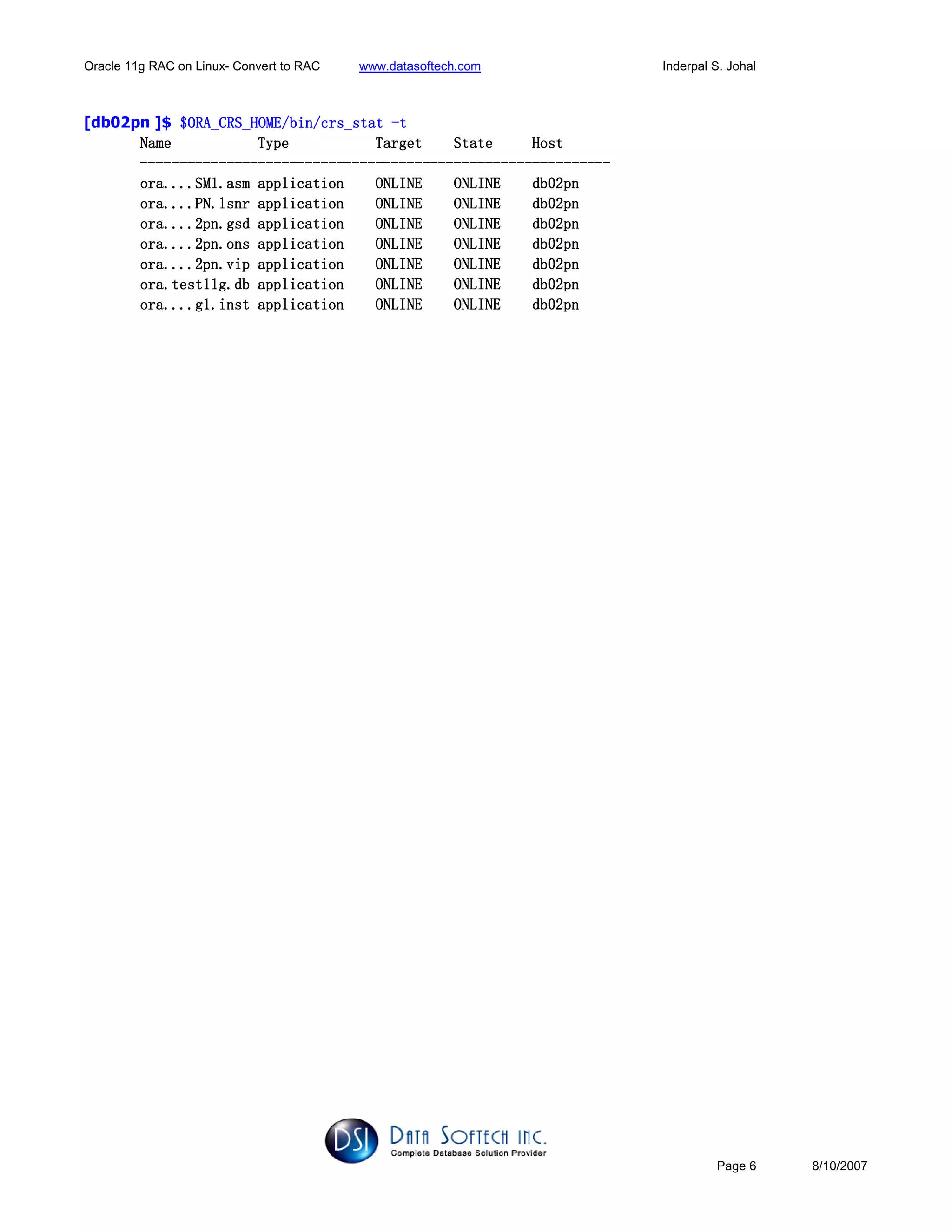 Oracle 11g RAC on Linux- Convert to RAC www.datasoftech.com Inderpal S. Johal
Page 6 8/10/2007
[db02pn ]$ $ORA_CRS_HOME/bin/crs_stat$ORA_CRS_HOME/bin/crs_stat$ORA_CRS_HOME/bin/crs_stat$ORA_CRS_HOME/bin/crs_stat ----tttt
Name Type Target State HostName Type Target State HostName Type Target State HostName Type Target State Host
------------------------------------------------------------------------------------------------------------------------------------------------------------------------------------------------------------------------------------------------
ora....SM1ora....SM1ora....SM1ora....SM1.asm application ONLINE ONLINE db02pn.asm application ONLINE ONLINE db02pn.asm application ONLINE ONLINE db02pn.asm application ONLINE ONLINE db02pn
ora....PN.lsnr application ONLINE ONLINE db02pnora....PN.lsnr application ONLINE ONLINE db02pnora....PN.lsnr application ONLINE ONLINE db02pnora....PN.lsnr application ONLINE ONLINE db02pn
ora....2pn.gsd application ONLINE ONLINE db02pnora....2pn.gsd application ONLINE ONLINE db02pnora....2pn.gsd application ONLINE ONLINE db02pnora....2pn.gsd application ONLINE ONLINE db02pn
ora....2pn.ons application ONLINE ONLINE db02pnora....2pn.ons application ONLINE ONLINE db02pnora....2pn.ons application ONLINE ONLINE db02pnora....2pn.ons application ONLINE ONLINE db02pn
ora....2pn.vip application ONLINEora....2pn.vip application ONLINEora....2pn.vip application ONLINEora....2pn.vip application ONLINE ONLINE db02pnONLINE db02pnONLINE db02pnONLINE db02pn
ora.test11g.db application ONLINE ONLINE db02pnora.test11g.db application ONLINE ONLINE db02pnora.test11g.db application ONLINE ONLINE db02pnora.test11g.db application ONLINE ONLINE db02pn
ora....g1.inst application ONLINE ONLINE db02pnora....g1.inst application ONLINE ONLINE db02pnora....g1.inst application ONLINE ONLINE db02pnora....g1.inst application ONLINE ONLINE db02pn
 