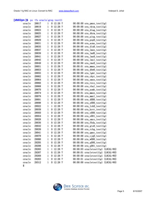 Oracle 11g RAC on Linux- Convert to RAC www.datasoftech.com Inderpal S. Johal
Page 5 8/10/2007
[db02pn ]$ pspspsps ----fu oracfu oracfu oracfu oracle|grep test11le|grep test11le|grep test11le|grep test11
oracle 28817 1 0 12:26 ? 00:00:00 ora_pmon_test11g1oracle 28817 1 0 12:26 ? 00:00:00 ora_pmon_test11g1oracle 28817 1 0 12:26 ? 00:00:00 ora_pmon_test11g1oracle 28817 1 0 12:26 ? 00:00:00 ora_pmon_test11g1
oracle 28819 1 0 12:26 ? 00:00:00 ora_vktm_test11g1oracle 28819 1 0 12:26 ? 00:00:00 ora_vktm_test11g1oracle 28819 1 0 12:26 ? 00:00:00 ora_vktm_test11g1oracle 28819 1 0 12:26 ? 00:00:00 ora_vktm_test11g1
oracle 28823 1 0 12:26 ? 00:00:00 ora_diag_test11g1oracle 28823 1 0 12:26 ? 00:00:00 ora_diag_test11g1oracle 28823 1 0 12:26 ? 00:00:00 ora_diag_test11g1oracle 28823 1 0 12:26 ? 00:00:00 ora_diag_test11g1
oracle 28825 1 0 12:26 ? 00:0oracle 28825 1 0 12:26 ? 00:0oracle 28825 1 0 12:26 ? 00:0oracle 28825 1 0 12:26 ? 00:00:00 ora_dbrm_test11g10:00 ora_dbrm_test11g10:00 ora_dbrm_test11g10:00 ora_dbrm_test11g1
oracle 28827 1 0 12:26 ? 00:00:00 ora_ping_test11g1oracle 28827 1 0 12:26 ? 00:00:00 ora_ping_test11g1oracle 28827 1 0 12:26 ? 00:00:00 ora_ping_test11g1oracle 28827 1 0 12:26 ? 00:00:00 ora_ping_test11g1
oracle 28829 1 0 12:26 ? 00:00:00 ora_psp0_test11g1oracle 28829 1 0 12:26 ? 00:00:00 ora_psp0_test11g1oracle 28829 1 0 12:26 ? 00:00:00 ora_psp0_test11g1oracle 28829 1 0 12:26 ? 00:00:00 ora_psp0_test11g1
oracle 28831 1 0 12:26 ? 00:00:00 ora_acms_test11g1oracle 28831 1 0 12:26 ? 00:00:00 ora_acms_test11g1oracle 28831 1 0 12:26 ? 00:00:00 ora_acms_test11g1oracle 28831 1 0 12:26 ? 00:00:00 ora_acms_test11g1
oracle 28835 1 0 12:26 ?oracle 28835 1 0 12:26 ?oracle 28835 1 0 12:26 ?oracle 28835 1 0 12:26 ? 00:00:00 ora_dia0_test11g100:00:00 ora_dia0_test11g100:00:00 ora_dia0_test11g100:00:00 ora_dia0_test11g1
oracle 28837 1 0 12:26 ? 00:00:00 ora_lmon_test11g1oracle 28837 1 0 12:26 ? 00:00:00 ora_lmon_test11g1oracle 28837 1 0 12:26 ? 00:00:00 ora_lmon_test11g1oracle 28837 1 0 12:26 ? 00:00:00 ora_lmon_test11g1
oracle 28839 1 0 12:26 ? 00:00:00 ora_lmd0_test11g1oracle 28839 1 0 12:26 ? 00:00:00 ora_lmd0_test11g1oracle 28839 1 0 12:26 ? 00:00:00 ora_lmd0_test11g1oracle 28839 1 0 12:26 ? 00:00:00 ora_lmd0_test11g1
oracle 28841 1 0 12:26 ? 00:00:00 ora_lms0_test11g1oracle 28841 1 0 12:26 ? 00:00:00 ora_lms0_test11g1oracle 28841 1 0 12:26 ? 00:00:00 ora_lms0_test11g1oracle 28841 1 0 12:26 ? 00:00:00 ora_lms0_test11g1
oracle 28845 1 0 12:oracle 28845 1 0 12:oracle 28845 1 0 12:oracle 28845 1 0 12:26 ? 00:00:00 ora_lms1_test11g126 ? 00:00:00 ora_lms1_test11g126 ? 00:00:00 ora_lms1_test11g126 ? 00:00:00 ora_lms1_test11g1
oracle 28849 1 0 12:26 ? 00:00:00 ora_rms0_test11g1oracle 28849 1 0 12:26 ? 00:00:00 ora_rms0_test11g1oracle 28849 1 0 12:26 ? 00:00:00 ora_rms0_test11g1oracle 28849 1 0 12:26 ? 00:00:00 ora_rms0_test11g1
oracle 28851 1 0 12:26 ? 00:00:01 ora_mman_test11g1oracle 28851 1 0 12:26 ? 00:00:01 ora_mman_test11g1oracle 28851 1 0 12:26 ? 00:00:01 ora_mman_test11g1oracle 28851 1 0 12:26 ? 00:00:01 ora_mman_test11g1
oracle 28853 1 0 12:26 ? 00:00:00 ora_dbw0_test11g1oracle 28853 1 0 12:26 ? 00:00:00 ora_dbw0_test11g1oracle 28853 1 0 12:26 ? 00:00:00 ora_dbw0_test11g1oracle 28853 1 0 12:26 ? 00:00:00 ora_dbw0_test11g1
oracle 28855oracle 28855oracle 28855oracle 28855 1 0 12:26 ? 00:00:00 ora_lgwr_test11g11 0 12:26 ? 00:00:00 ora_lgwr_test11g11 0 12:26 ? 00:00:00 ora_lgwr_test11g11 0 12:26 ? 00:00:00 ora_lgwr_test11g1
oracle 28862 1 0 12:26 ? 00:00:00 ora_ckpt_test11g1oracle 28862 1 0 12:26 ? 00:00:00 ora_ckpt_test11g1oracle 28862 1 0 12:26 ? 00:00:00 ora_ckpt_test11g1oracle 28862 1 0 12:26 ? 00:00:00 ora_ckpt_test11g1
oracle 28864 1 0 12:26 ? 00:00:00 ora_smon_test11g1oracle 28864 1 0 12:26 ? 00:00:00 ora_smon_test11g1oracle 28864 1 0 12:26 ? 00:00:00 ora_smon_test11g1oracle 28864 1 0 12:26 ? 00:00:00 ora_smon_test11g1
oracle 28866 1 0 12:26 ? 00:00:00 ora_reco_test11g1oracle 28866 1 0 12:26 ? 00:00:00 ora_reco_test11g1oracle 28866 1 0 12:26 ? 00:00:00 ora_reco_test11g1oracle 28866 1 0 12:26 ? 00:00:00 ora_reco_test11g1
oracle 28oracle 28oracle 28oracle 28868 1 0 12:26 ? 00:00:00 ora_rbal_test11g1868 1 0 12:26 ? 00:00:00 ora_rbal_test11g1868 1 0 12:26 ? 00:00:00 ora_rbal_test11g1868 1 0 12:26 ? 00:00:00 ora_rbal_test11g1
oracle 28870 1 0 12:26 ? 00:00:00 ora_asmb_test11g1oracle 28870 1 0 12:26 ? 00:00:00 ora_asmb_test11g1oracle 28870 1 0 12:26 ? 00:00:00 ora_asmb_test11g1oracle 28870 1 0 12:26 ? 00:00:00 ora_asmb_test11g1
oracle 28874 1 0 12:26 ? 00:00:01 ora_mmon_test11g1oracle 28874 1 0 12:26 ? 00:00:01 ora_mmon_test11g1oracle 28874 1 0 12:26 ? 00:00:01 ora_mmon_test11g1oracle 28874 1 0 12:26 ? 00:00:01 ora_mmon_test11g1
oracle 28879 1 0 12:26 ? 00:00:00 ora_mmnl_test11g1oracle 28879 1 0 12:26 ? 00:00:00 ora_mmnl_test11g1oracle 28879 1 0 12:26 ? 00:00:00 ora_mmnl_test11g1oracle 28879 1 0 12:26 ? 00:00:00 ora_mmnl_test11g1
oraoraoraoracle 28891 1 0 12:26 ? 00:00:00 ora_d000_test11g1cle 28891 1 0 12:26 ? 00:00:00 ora_d000_test11g1cle 28891 1 0 12:26 ? 00:00:00 ora_d000_test11g1cle 28891 1 0 12:26 ? 00:00:00 ora_d000_test11g1
oracle 28898 1 0 12:26 ? 00:00:00 ora_s000_test11g1oracle 28898 1 0 12:26 ? 00:00:00 ora_s000_test11g1oracle 28898 1 0 12:26 ? 00:00:00 ora_s000_test11g1oracle 28898 1 0 12:26 ? 00:00:00 ora_s000_test11g1
oracle 28922 1 1 12:26 ? 00:00:03 ora_lck0_test11g1oracle 28922 1 1 12:26 ? 00:00:03 ora_lck0_test11g1oracle 28922 1 1 12:26 ? 00:00:03 ora_lck0_test11g1oracle 28922 1 1 12:26 ? 00:00:03 ora_lck0_test11g1
oracle 28939 1 0 12:26 ? 00:00:00 ora_ksvr_testoracle 28939 1 0 12:26 ? 00:00:00 ora_ksvr_testoracle 28939 1 0 12:26 ? 00:00:00 ora_ksvr_testoracle 28939 1 0 12:26 ? 00:00:00 ora_ksvr_test11g111g111g111g1
oracle 28950 1 0 12:26 ? 00:00:00 ora_o000_test11g1oracle 28950 1 0 12:26 ? 00:00:00 ora_o000_test11g1oracle 28950 1 0 12:26 ? 00:00:00 ora_o000_test11g1oracle 28950 1 0 12:26 ? 00:00:00 ora_o000_test11g1
oracle 28954 1 0 12:26 ? 00:00:00 ora_o001_test11g1oracle 28954 1 0 12:26 ? 00:00:00 ora_o001_test11g1oracle 28954 1 0 12:26 ? 00:00:00 ora_o001_test11g1oracle 28954 1 0 12:26 ? 00:00:00 ora_o001_test11g1
oracle 29028 1 0 12:26 ? 00:00:00 ora_smco_test11g1oracle 29028 1 0 12:26 ? 00:00:00 ora_smco_test11g1oracle 29028 1 0 12:26 ? 00:00:00 ora_smco_test11g1oracle 29028 1 0 12:26 ? 00:00:00 ora_smco_test11g1
oracle 29030 1 0 12:26 ? 00:00:00 ora_foracle 29030 1 0 12:26 ? 00:00:00 ora_foracle 29030 1 0 12:26 ? 00:00:00 ora_foracle 29030 1 0 12:26 ? 00:00:00 ora_fbda_test11g1bda_test11g1bda_test11g1bda_test11g1
oracle 29032 1 0 12:26 ? 00:00:00 ora_gtx0_test11g1oracle 29032 1 0 12:26 ? 00:00:00 ora_gtx0_test11g1oracle 29032 1 0 12:26 ? 00:00:00 ora_gtx0_test11g1oracle 29032 1 0 12:26 ? 00:00:00 ora_gtx0_test11g1
oracle 29039 1 0 12:26 ? 00:00:00 ora_rcbg_test11g1oracle 29039 1 0 12:26 ? 00:00:00 ora_rcbg_test11g1oracle 29039 1 0 12:26 ? 00:00:00 ora_rcbg_test11g1oracle 29039 1 0 12:26 ? 00:00:00 ora_rcbg_test11g1
oracle 29041 1 0 12:26 ? 00:00:00 ora_qmnc_test11g1oracle 29041 1 0 12:26 ? 00:00:00 ora_qmnc_test11g1oracle 29041 1 0 12:26 ? 00:00:00 ora_qmnc_test11g1oracle 29041 1 0 12:26 ? 00:00:00 ora_qmnc_test11g1
oracle 29078 1 0 12:26 ? 00:00:oracle 29078 1 0 12:26 ? 00:00:oracle 29078 1 0 12:26 ? 00:00:oracle 29078 1 0 12:26 ? 00:00:00 ora_cjq0_test11g100 ora_cjq0_test11g100 ora_cjq0_test11g100 ora_cjq0_test11g1
oracle 29080 1 0 12:26 ? 00:00:00 ora_w000_test11g1oracle 29080 1 0 12:26 ? 00:00:00 ora_w000_test11g1oracle 29080 1 0 12:26 ? 00:00:00 ora_w000_test11g1oracle 29080 1 0 12:26 ? 00:00:00 ora_w000_test11g1
oracle 29205 1 0 12:26 ? 00:00:00 ora_q000_test11g1oracle 29205 1 0 12:26 ? 00:00:00 ora_q000_test11g1oracle 29205 1 0 12:26 ? 00:00:00 ora_q000_test11g1oracle 29205 1 0 12:26 ? 00:00:00 ora_q000_test11g1
oracle 29208 1 0 12:26 ? 00:00:00 ora_q001_test11g1oracle 29208 1 0 12:26 ? 00:00:00 ora_q001_test11g1oracle 29208 1 0 12:26 ? 00:00:00 ora_q001_test11g1oracle 29208 1 0 12:26 ? 00:00:00 ora_q001_test11g1
oracle 29265 1 1 12:26 ?oracle 29265 1 1 12:26 ?oracle 29265 1 1 12:26 ?oracle 29265 1 1 12:26 ? 00:00:03 oracletest11g1 (LOCAL=NO)00:00:03 oracletest11g1 (LOCAL=NO)00:00:03 oracletest11g1 (LOCAL=NO)00:00:03 oracletest11g1 (LOCAL=NO)
oracle 29267 1 0 12:26 ? 00:00:01 oracletest11g1 (LOCAL=NO)oracle 29267 1 0 12:26 ? 00:00:01 oracletest11g1 (LOCAL=NO)oracle 29267 1 0 12:26 ? 00:00:01 oracletest11g1 (LOCAL=NO)oracle 29267 1 0 12:26 ? 00:00:01 oracletest11g1 (LOCAL=NO)
oracle 29269 1 0 12:26 ? 00:00:00 oracletest11g1 (LOCAL=NO)oracle 29269 1 0 12:26 ? 00:00:00 oracletest11g1 (LOCAL=NO)oracle 29269 1 0 12:26 ? 00:00:00 oracletest11g1 (LOCAL=NO)oracle 29269 1 0 12:26 ? 00:00:00 oracletest11g1 (LOCAL=NO)
oracle 29283 1 0 12:26 ? 00:00:01 oracletest11g1 (LOCAL=Noracle 29283 1 0 12:26 ? 00:00:01 oracletest11g1 (LOCAL=Noracle 29283 1 0 12:26 ? 00:00:01 oracletest11g1 (LOCAL=Noracle 29283 1 0 12:26 ? 00:00:01 oracletest11g1 (LOCAL=NO)O)O)O)
oracle 29312 1 0 12:26 ? 00:00:00 oracletest11g1 (LOCAL=NO)oracle 29312 1 0 12:26 ? 00:00:00 oracletest11g1 (LOCAL=NO)oracle 29312 1 0 12:26 ? 00:00:00 oracletest11g1 (LOCAL=NO)oracle 29312 1 0 12:26 ? 00:00:00 oracletest11g1 (LOCAL=NO)
$$$$
 