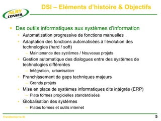 DSI – Eléments d’histoire & Objectifs
 Des outils informatiques aux systèmes d’information
• Automatisation progressive de fonctions manuelles
• Adaptation des fonctions automatisées à l’évolution des
technologies (hard / soft)
– Maintenance des systèmes / Nouveaux projets
• Gestion automatique des dialogues entre des systèmes de
technologies différentes
– Intégration, urbanisation
• Franchissement de gaps techniques majeurs
– Grands projets
• Mise en place de systèmes informatiques dits intégrés (ERP)
– Plate formes progicielles standardisées
• Globalisation des systèmes
– Plates formes et outils internet
5
Transformer le SI
 