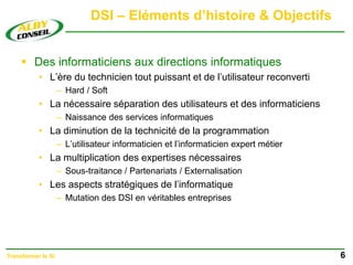 DSI – Eléments d’histoire & Objectifs
 Des informaticiens aux directions informatiques
• L’ère du technicien tout puissant et de l’utilisateur reconverti
– Hard / Soft
• La nécessaire séparation des utilisateurs et des informaticiens
– Naissance des services informatiques
• La diminution de la technicité de la programmation
– L’utilisateur informaticien et l’informaticien expert métier
• La multiplication des expertises nécessaires
– Sous-traitance / Partenariats / Externalisation
• Les aspects stratégiques de l’informatique
– Mutation des DSI en véritables entreprises
6
Transformer le SI
 