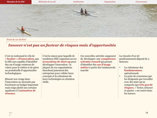 Pw
C
Innover n’est pas un facteur de risques mais d’opportunités
C’est en endossant le rôle de
« broker » d’innovation, que
la DSI sera capable d’identifier
des cas d’usage créateurs de
valeur pour le métier et de gérer
un portefeuille d’opportunités
technologiques.
Réussir son virage dans
l’innovation ne nécessite pas
forcément un budget important
mais exige plutôt une certaine
appétence à l’animation de
réseaux.
C’est la raison pour laquelle de
nombreux DSI s’appuient surun
écosystème de start-up pour
développer l’innovation : la
plupart de ces organisations
cherchent justement des
entreprises pour valider leurs
concepts et la robustesse de
leurs technologies en situation
réelle.
Ces nouvelles activités supposent
de développer une compétence
orientée conseil qui permet
d’identifier des cas d’usage
métier à partir des tendancesdu
marché
La réussite d’un tel
positionnement dépend de 2
facteurs:
• La robustesse des
fondamentaux
opérationnels
• La prise de conscience par
les dirigeants que travailler
avec des start-up ne
comporte que très peude
risques. « Tester,échouer
et ajuster » est rentré dans
les mœurs.
Point de vue de PwC
Mandat de la DSI Méthodes de travail Architecture Organisation Gouvernance
14
 