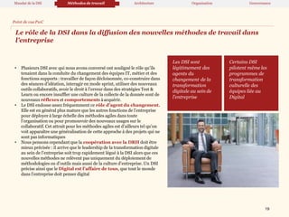 Le rôle de la DSI dans la diffusion des nouvelles méthodes de travail dans
l’entreprise
Point de vuePwC
Les DSI sont
légitimement des
agents du
changement de la
transformation
digitale au sein de
l’entreprise
Certains DSI
pilotent même les
programmes de
transformation
culturelle des
équipes liée au
Digital
• Plusieurs DSI avec qui nous avons conversé ont souligné le rôle qu’ils
tenaient dans la conduite du changement des équipes IT, métier et des
fonctions supports : travailler de façon décloisonnée, co-construire dans
des séances d’idéation, interagir en mode sprint, utiliser des nouveaux
outils collaboratifs, avoir le droit à l’erreur dans des stratégies Test &
Learn ou encore insuffler une culture de la collecte de la donnée sont de
nouveaux réflexes et comportements àacquérir.
• Le DSI endosse assez fréquemment ce rôle d’agent du changement.
Elle est en général plus mature que les autres fonctions de l’entreprise
pour déployer à large échelle des méthodes agiles dans toute
l’organisation ou pour promouvoir des nouveaux usages sur le
collaboratif. Cet attrait pour les méthodes agiles est d’ailleurs tel qu’on
voit apparaître une généralisation de cette approche à des projets qui ne
sont pas informatiques
• Nous pensons cependant que la coopération avec la DRH doit être
mieux précisée : il arrive que le leadership de la transformation digitale
au sein de l’entreprise soit trop rapidement légué à la DSI alors que ces
nouvelles méthodes ne relèvent pas uniquement du déploiement de
méthodologies ou d’outils mais aussi de la culture d’entreprise. Un DSI
précise ainsi que le Digital est l’affaire de tous, que tout le monde
dans l’entreprise doit penser digital
Mandat de la DSI Méthodes de travail Architecture Organisation Gouvernance
19
 