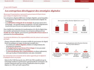 Les entreprises développent des stratégies digitales
21%
24%
21%
Réalisé En cours Envisagé Non abordé
Est-ce qu’un schéma directeur digital est en cours?
34%
Pour clarifier leur trajectoire de transformation et le rôle du digital dans
leur modèle opérationnel de demain, les entreprises définissent leur
feuille de route digitale, gouvernent le portefeuille d’innovation et
priorisent les investissements.
Beaucoup d’organisations repensent la gouvernance de haut niveau
pour intégrer le digital à leur stratégie
Les entreprises adoptent différentes stratégies digitales, parmi lesquelles :
- La nomination d’un CDO en charge de la transformation digitale de
l’entreprise
- La redéfinition intégrale de la stratégie du groupe autour de la
technologie : une grande banque européenne s’est ainsi intégralement
transformée pour devenir une plateforme bancaire digitale
39% 42%
9% 10%
Très fortement Impliqué (simple Pas impliqué (pas Pas du tout
impliquée (dossier suivi) de suivi impliqué (géré
stratégique) spécifique) comme n'importe
quel projet)
Quel est le niveau d’implication de la Direction Générale
dans les projets digitaux ?
Les droits de décision et les responsabilités entre les acteurs sont souvent
partagés
Chaque entreprise définit son propre modèle de gouvernance du digital.
Parmi les pratiques en vogue, on peut par exemple citer :
- La création de cellules digitales dédiées et indépendantes des
processus de entreprises
- La budgétisation sous forme d’enveloppe et non par projet
pour donner plus de liberté aux équipes
- La décentralisation des responsabilités en phase exploratoire,
alors que la phase d’industrialisation reste plus centralisée
Les entreprises sont conscientes de la valeur apportée par le digital et
s’impliquent dans ces projets
Selon la PwC CEO Survey de 2015, 88 % des CEO considèrent que la
technologie améliore la performance opérationnelle de l’entreprise. On
constate néanmoins que leur niveau d’implication dans les projets
digitaux ne s’élève qu’à 39% aujourd’hui.
Ce que révèle l’enquête
Mandat de la DSI Méthodes de travail Architecture Organisation Gouvernance
37
 