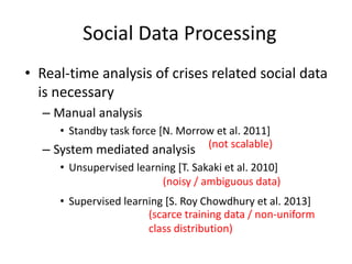 Social Data Processing
• Real-time analysis of crises related social data
is necessary
– Manual analysis
• Standby task fo...