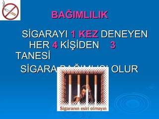 BAĞIMLILIK
 SİGARAYI 1 KEZ DENEYEN
   HER 4 KİŞİDEN 3
TANESİ
 SİGARA BAĞIMLISI OLUR
 