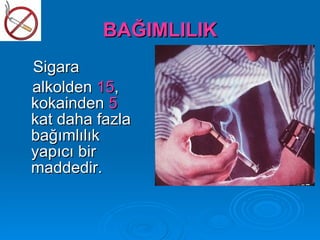 BAĞIMLILIK
Sigara
alkolden 15,
kokainden 5
kat daha fazla
bağımlılık
yapıcı bir
maddedir.
 