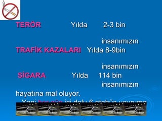TERÖR           Yılda     2-3 bin

                     insanımızın
TRAFİK KAZALARI Yılda 8-9bin

                          insanımızın
SİGARA           Yılda   114 bin
                          insanımızın
hayatına mal oluyor.
  Yani her gün içi dolu 6 otobüs uçuruma
yuvarlanıyor ve kimse sağ kalmıyor.
 