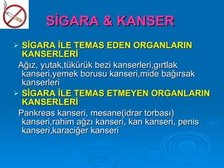 SİGARA & KANSER
 SİGARA İLE TEMAS EDEN ORGANLARIN
  KANSERLERİ
 Ağız, yutak,tükürük bezi kanserleri,gırtlak
  kanseri,yemek borusu kanseri,mide bağırsak
  kanserleri
 SİGARA İLE TEMAS ETMEYEN ORGANLARIN
  KANSERLERİ
 Pankreas kanseri, mesane(idrar torbası)
  kanseri,rahim ağzı kanseri, kan kanseri, penis
  kanseri,karaciğer kanseri
 