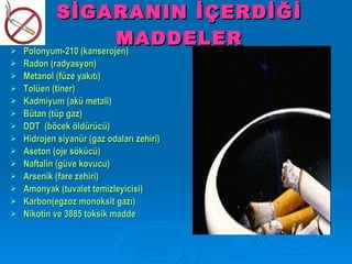 SİGARANIN İÇERDİĞİ
                          MADDELER
   Polonyum-210 (kanserojen)
   Radon (radyasyon)
   Metanol (füze yakıtı)
   Tolüen (tiner)
   Kadmiyum (akü metali)
   Bütan (tüp gaz)
   DDT (böcek öldürücü)
   Hidrojen siyanür (gaz odaları zehiri)
   Aseton (oje sökücü)
   Naftalin (güve kovucu)
   Arsenik (fare zehiri)
   Amonyak (tuvalet temizleyicisi)
   Karbon(egzoz monoksit gazı)
   Nikotin ve 3885 toksik madde
 