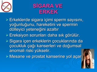 SİGARA VE
                ERKEK
 Erkeklerde sigara içimi sperm sayısını,
  yoğunluğunu, hareketini ve spermin
  dölleyici yeteneğini azaltır
 Ereksiyon sorunları daha sık görülür.
 Sigara içen erkeklerin çocuklarında da
  çocukluk çağı kanserleri ve doğumsal
  anomali riski yükselir.
 Mesane ve prostat kanserine yol açar
 