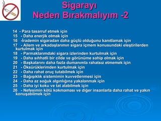 Sigarayı
          Neden Bırakmalıyım -2
14 - Para tasarruf etmek için
15 - Daha enerjik olmak için
16 -İrademin sigaradan daha güçlü olduğunu kanıtlamak için
17 - Ailem ve arkadaşlarımın sigara içmem konusundaki eleştirilerden
 kurtulmak için
18 - Parmaklarımdaki sigara izlerinden kurtulmak için
19 - Daha sıhhatli bir cilde ve görünüme sahip olmak için
20 - Başkalarını daha fazla dumanımla rahatsız etmemek için
21 - Öksürüklerimden kurtulmak için
22 - Daha rahat oruç tutabilmek için
23 - Bağışıklık sistemimin kuvvetlenmesi için
24 - Daha az soğuk algınlığına yakalanmak için
25 - Daha iyi koku ve tat alabilmek için
26 - Nefesimin kötü kokmaması ve diğer insanlarla daha rahat ve yakın
 konuşabilmek için
 