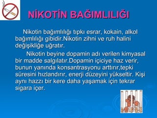 NİKOTİN BAĞIMLILIĞI
    Nikotin bağımlılığı tıpkı esrar, kokain, alkol
bağımlılığı gibidir.Nikotin zihni ve ruh halini
değişikliğe uğratır.
     Nikotin beyine dopamin adı verilen kimyasal
bir madde salgılatır.Dopamin içiciye haz verir,
bunun yanında konsantrasyonu arttırır,tepki
süresini hızlandırır, enerji düzeyini yükseltir. Kişi
aynı hazzı bir kere daha yaşamak için tekrar
sigara içer.
 