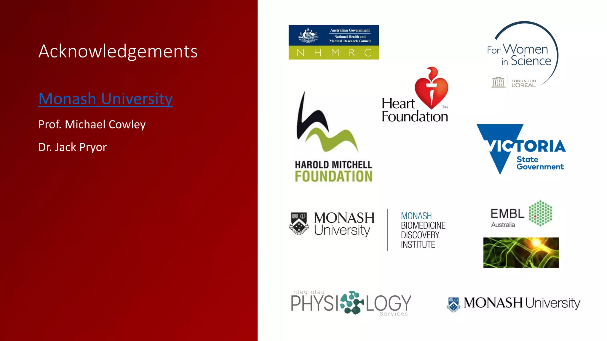 Monash University
Prof. Michael Cowley
Dr. Jack Pryor
Acknowledgements
 