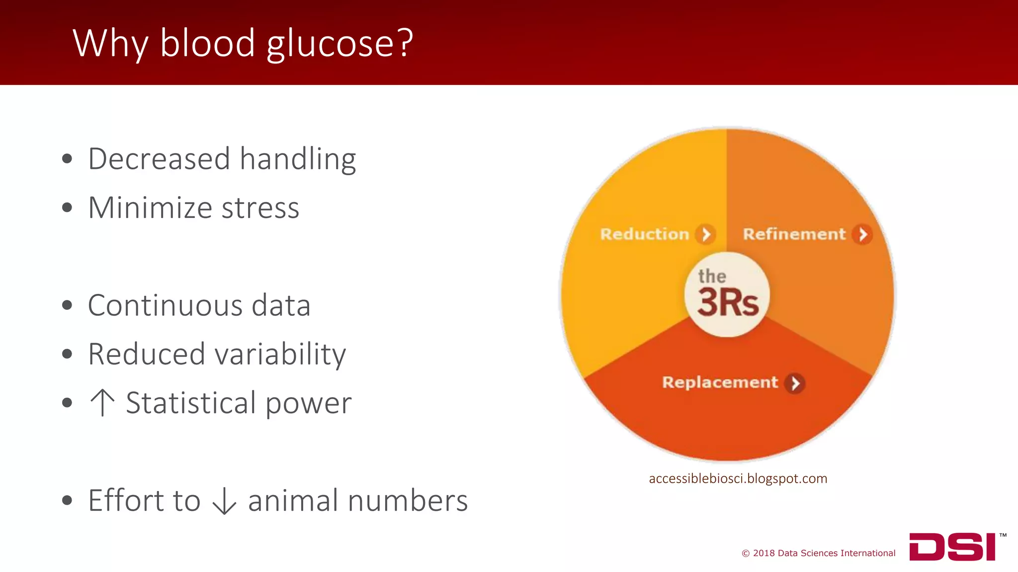 © 2018 Data Sciences International
Why blood glucose?
• Decreased handling
• Minimize stress
• Continuous data
• Reduced variability
• ↑ Statistical power
• Effort to ↓ animal numbers
accessiblebiosci.blogspot.com
 