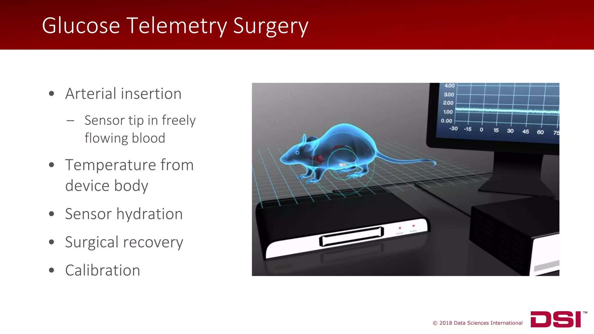 © 2018 Data Sciences International
Glucose Telemetry Surgery
• Arterial insertion
– Sensor tip in freely
flowing blood
• Temperature from
device body
• Sensor hydration
• Surgical recovery
• Calibration
 