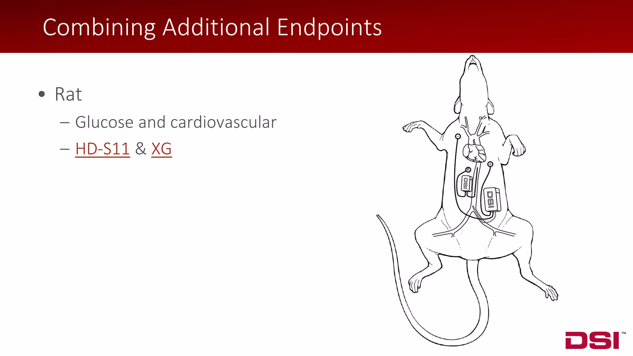 © 2018 Data Sciences International
Combining Additional Endpoints
• Rat
– Glucose and cardiovascular
– HD-S11 & XG
 