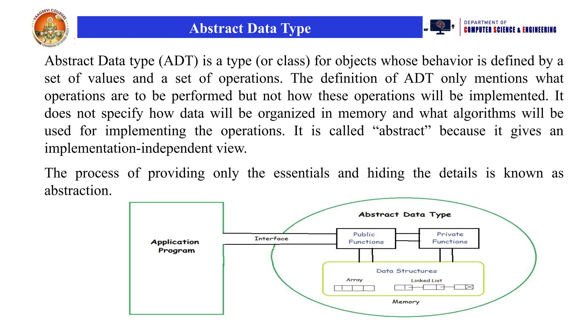 Abstract Data Type
Abstract Data type (ADT) is a type (or class) for objects whose behavior is defined by a
set of values and a set of operations. The definition of ADT only mentions what
operations are to be performed but not how these operations will be implemented. It
does not specify how data will be organized in memory and what algorithms will be
used for implementing the operations. It is called “abstract” because it gives an
implementation-independent view.
The process of providing only the essentials and hiding the details is known as
abstraction.
 
