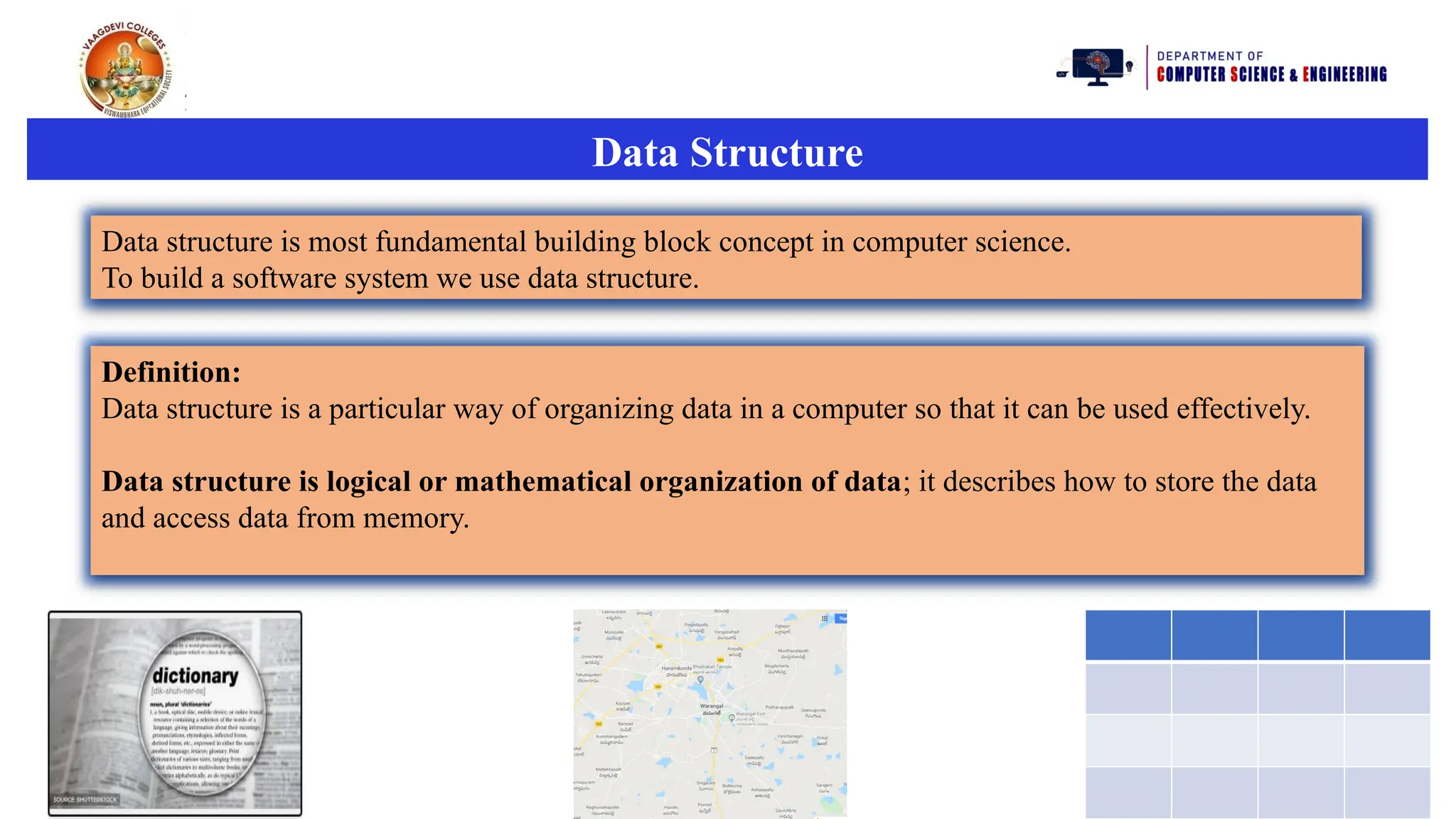 Data Structure
Data structure is most fundamental building block concept in computer science.
To build a software system we use data structure.
Definition:
Data structure is a particular way of organizing data in a computer so that it can be used effectively.
Data structure is logical or mathematical organization of data; it describes how to store the data
and access data from memory.
 