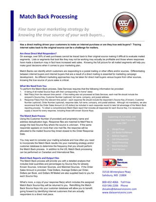 Match Back Processing

Fine tune your marketing strategy by
knowing the true source of your web buyers…
Has a direct mailing driven your customers to make an internet purchase or are they true web buyers? Tracing
internet sales back to the original source can be a challenge for mailers.

Are these Direct Mail Responders?
On average, over 50% of web purchases cannot be traced back to their original source making it difficult to evaluate mailed
segments. Lists or segments that look like they may not be working may actually be profitable and those where responses
have made a downturn may in fact have increased web sales. Knowing the full picture for all mailed segments will help you
make good decisions when it comes to your marketing plan.

Match Backs can identify which customers are responding to a postal mailing or other offers and/or sources. Differentiating
between internet buyers and internet buyers that are a result of a direct mailing is essential for marketing campaign
development. As different marketing approaches may be taken for direct mail buyers versus buyers from other sources,
knowing the true source of yours sales is critical.

What We Need from You
To perform the Match Back process, Data Services requires that the following information be provided:
1.   A listing of all mailed Source Keys with their corresponding “In-home” dates
2.   Mail File(s) from the relevant time period – if the mailing was not processed at Data Services, each mail file should include the
     recipient’s Source Key, Customer Number (optional), full name, company, and postal address.
3.   Response File(s) from the relevant time period – each response file should include the responder’s Source Key (if known), Customer
     Number (optional), Order Number (optional), response date, full name, company, and postal address. Although not mandatory, we also
     recommend that the Order Sales Amount (in US dollars) be included in each responder record to take full advantage of the Match Back
     reporting process. To obtain a comprehensive Match Back report that includes all responses for each Source Key, it is necessary to
     supply a record for every response, including those with known Source Keys.

The Match Back Process                                                                        Supporting US, Canadian, and
Using the Customer Number (if provided) and proprietary name and
                                                                                              International Data Processing
address deduplication logic, Response files are matched to Mail Files to
                                                                                                        since 1967
assign the best Source Key where the source is unknown. If the same
responder appears on more than one mail file, the response will be
                                                                                                 Merge/Purge
allocated to the mailed Source Key timed closest to the Order Response
                                                                                                 List Rental Fulfillment
Date.
                                                                                                 Address Hygiene
You may want to consider your mailing schedule and how often you need                            List Enhancement
to incorporate the Match Back results into your marketing strategy and/or                        Postal Presorting
customer database to determine the frequency that you should perform                             Mail Distribution
the Match Back process. In addition to the US, Match Back processing                             Email Services
can be performed on Canadian and International files.                                            Data Entry

Match Back Reports and Output Files
The Match Back process will provide you with a detailed analysis that
includes total quantities and percentages by Source Key for already
Known Sources, Unknown Sources, and Matched Sources. If the Order
Sales Amount is provided, Total Dollars, Average Dollars per Order,
Dollars per Book, and Dollars /M Mailed are also supplied back to you for               31516 Winterplace Pkwy
each Source Key.                                                                        Salisbury, MD 21804

What’s more, a copy of your response file(s) which includes the assigned                800-432-4066 Toll Free
Match Back Source Key will be returned to you. Retrofitting the Match                   410-546-2206 Phone
Back Source Keys into your customer database will allow you to benefit                  dsisales@dataservicesinc.com
going forward by identifying internet customers that are actually
                                                                                        www.dataservicesinc.com
responders to a direct mail piece.
 