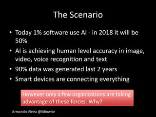 Armando Vieira @lidinwise
The Scenario
• Today 1% software use AI - in 2018 it will be
50%
• AI is achieving human level accuracy in image,
video, voice recognition and text
• 90% data was generated last 2 years
• Smart devices are connecting everything
However only a few organizations are taking
advantage of these forces. Why?
 