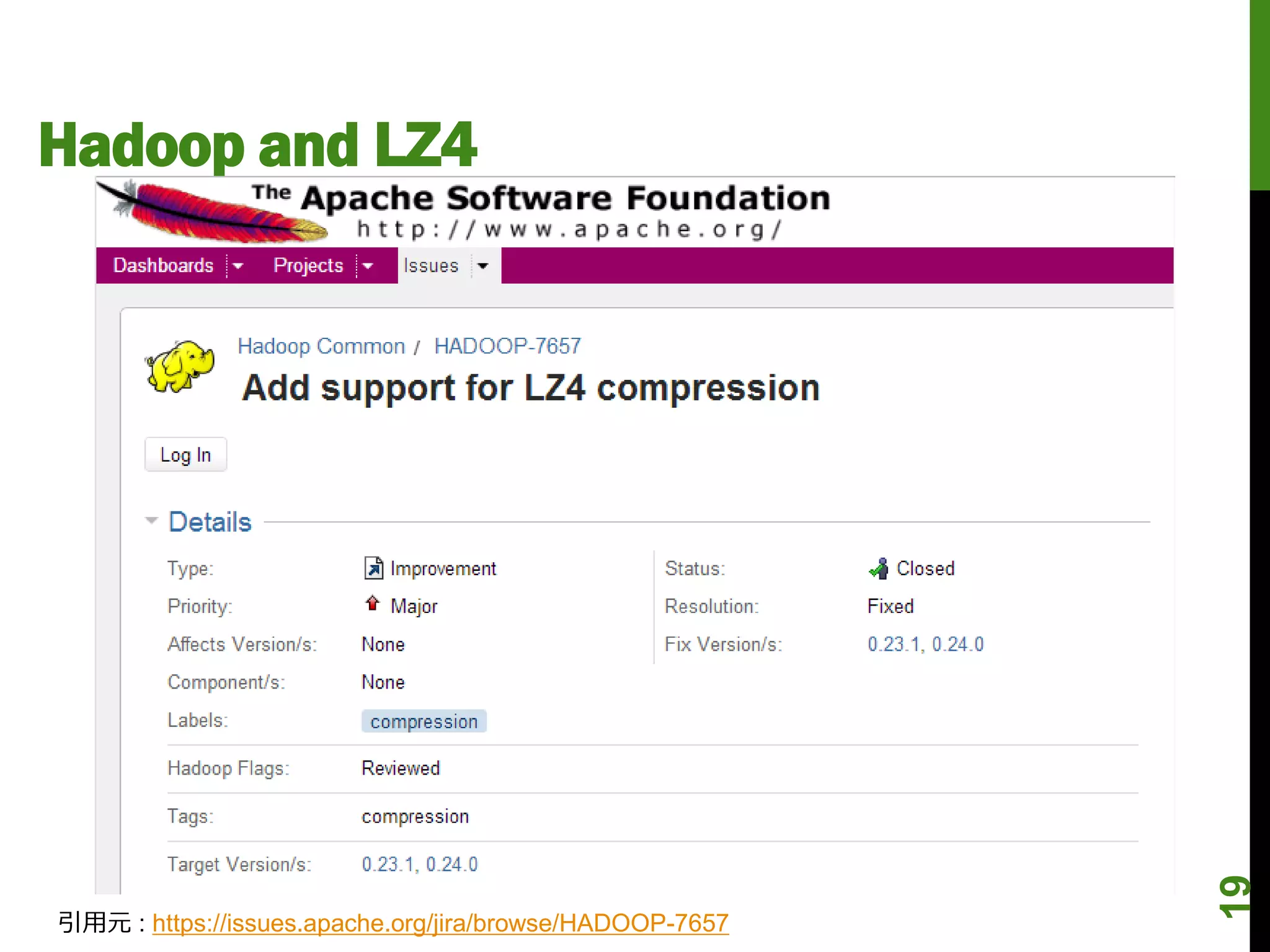 Hadoop and LZ4




                                                          19
引用元 : https://issues.apache.org/jira/browse/HADOOP-7657
 