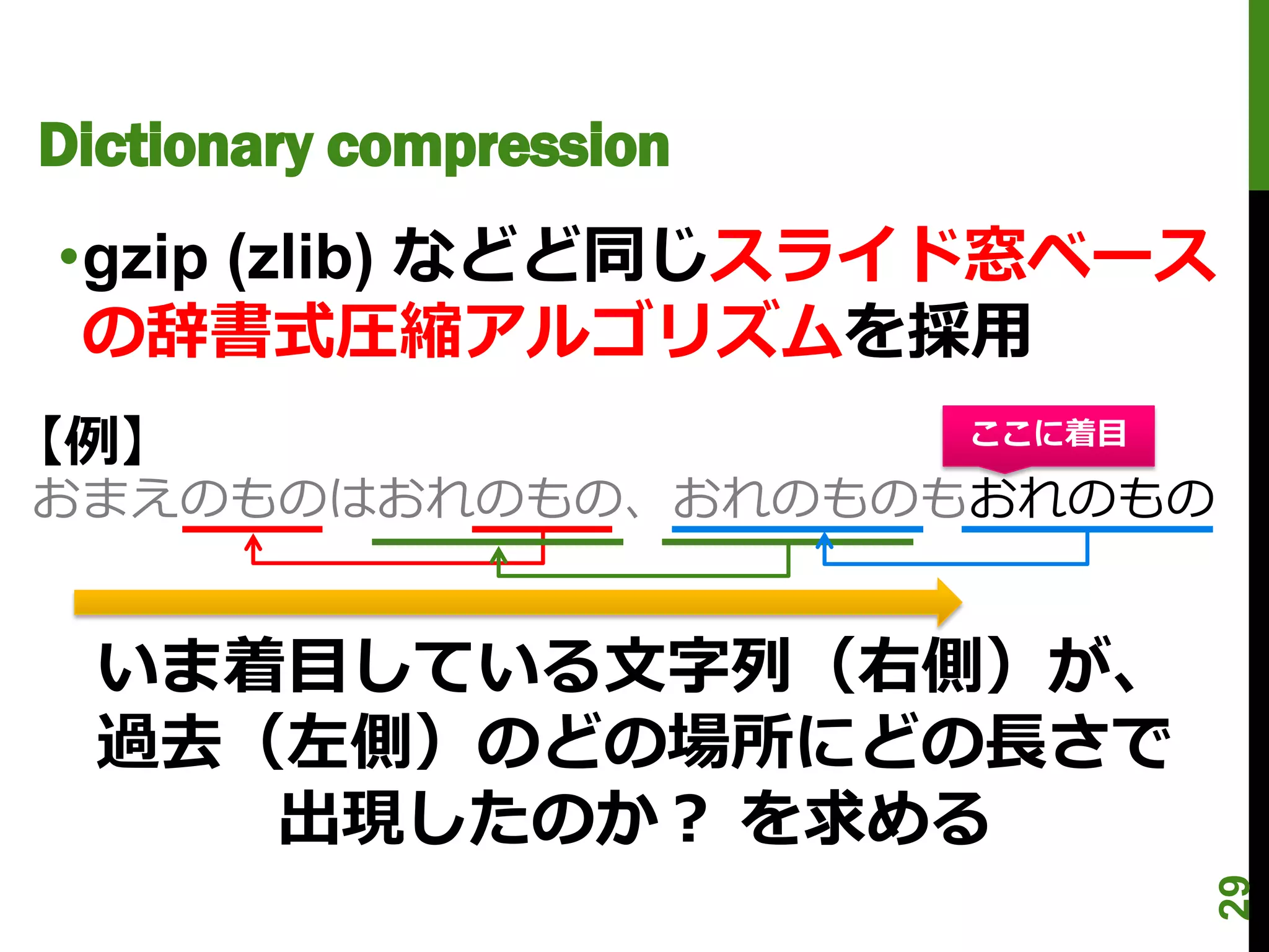 Dictionary compression
•gzip (zlib) などど同じスライド窓ベース
 の辞書式圧縮アルゴリズムを採用
【例】                      ここに着目

おまえのものはおれのもの、おれのものもおれのもの


  いま着目している文字列（右側）が、
  過去（左側）のどの場所にどの長さで
     出現したのか？ を求める




                                 29
 