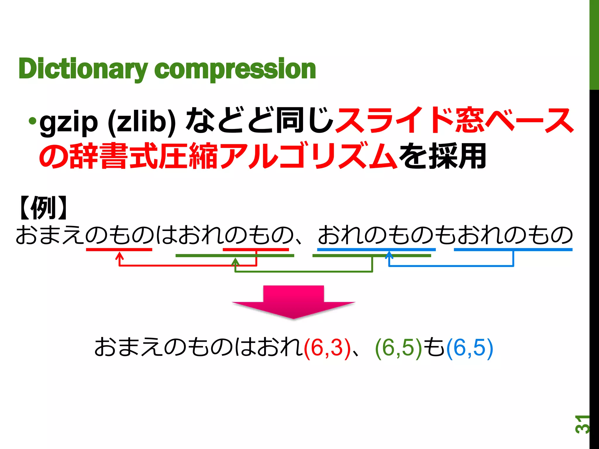Dictionary compression
•gzip (zlib) などど同じスライド窓ベース
 の辞書式圧縮アルゴリズムを採用
【例】
おまえのものはおれのもの、おれのものもおれのもの



      おまえのものはおれ(6,3)、(6,5)も(6,5)




                                   31
 