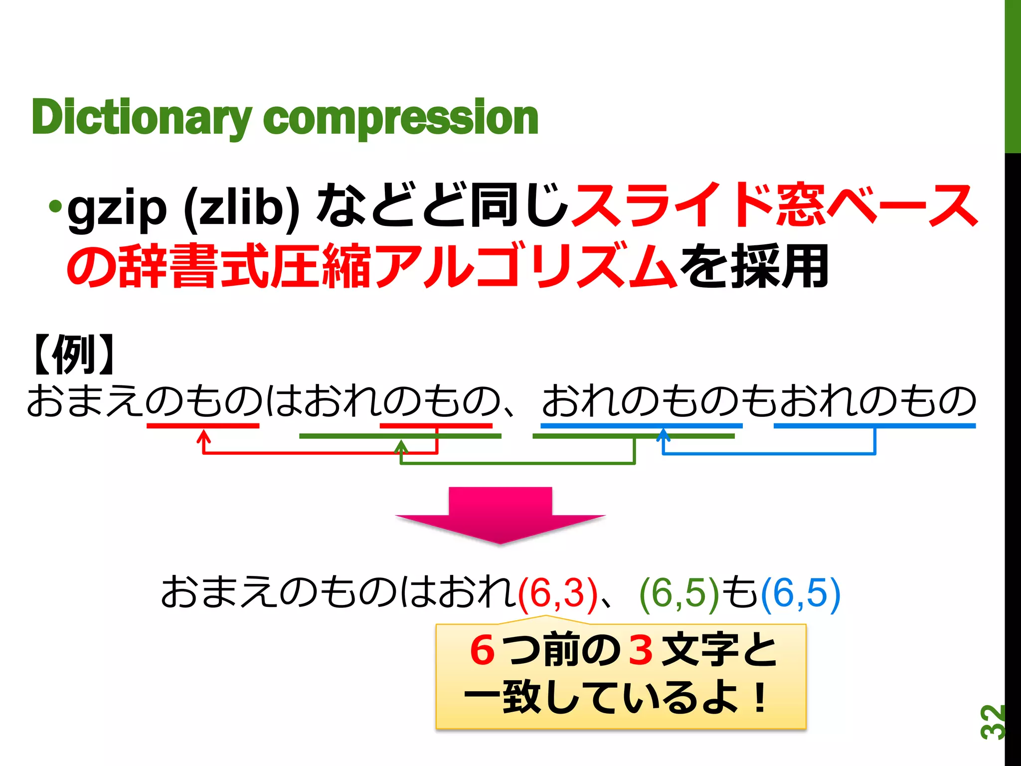 Dictionary compression
•gzip (zlib) などど同じスライド窓ベース
 の辞書式圧縮アルゴリズムを採用
【例】
おまえのものはおれのもの、おれのものもおれのもの



      おまえのものはおれ(6,3)、(6,5)も(6,5)
              ６つ前の３文字と
              一致しているよ！




                                   32
 