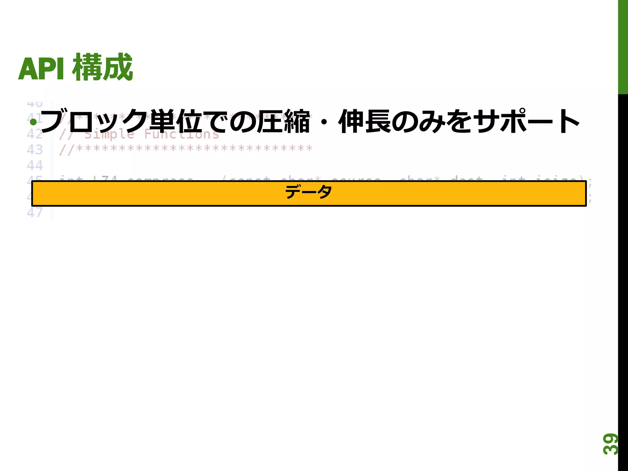 API 構成
•ブロック単位での圧縮・伸長のみをサポート

         データ




                        39
 