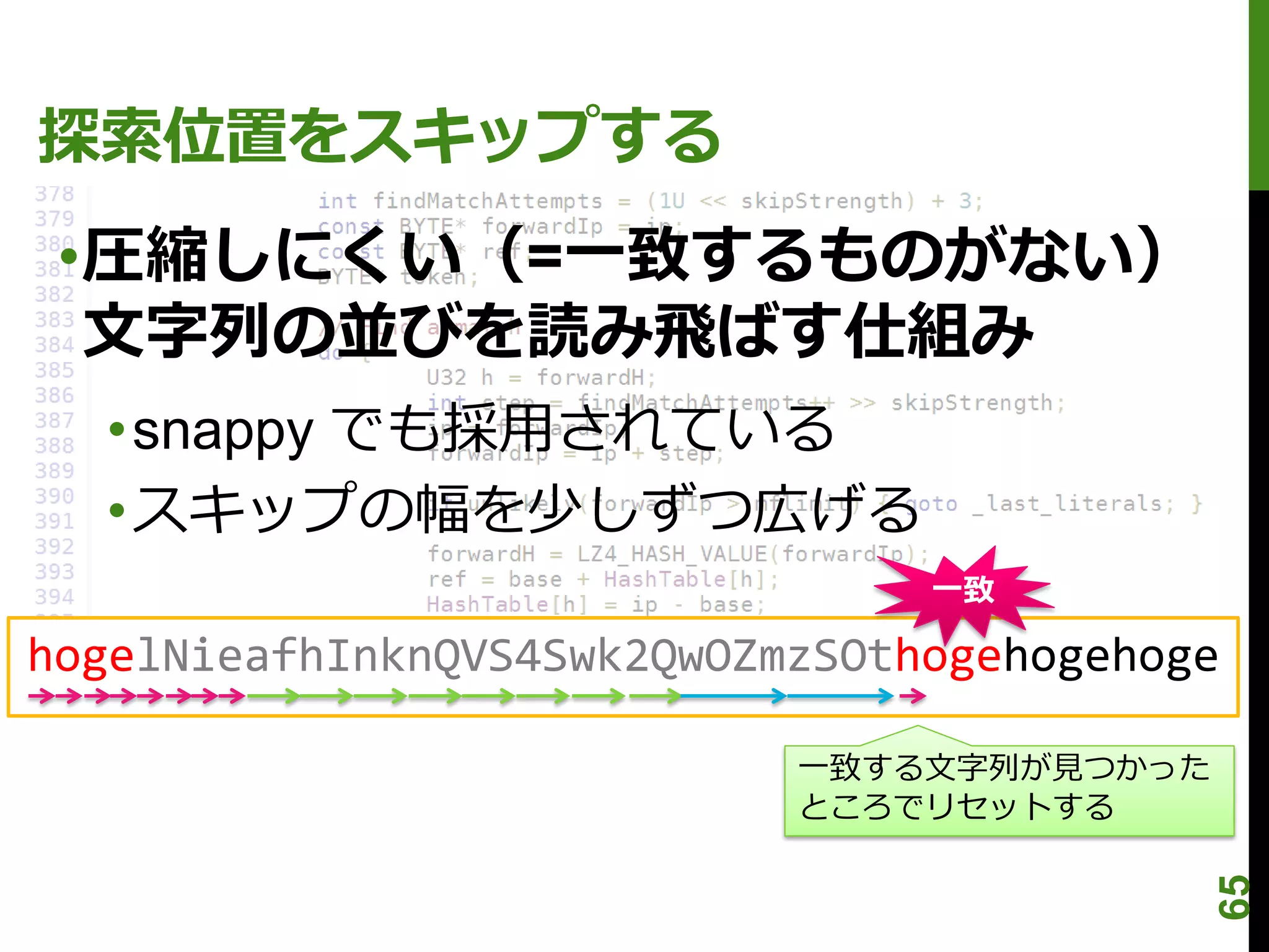 探索位置をスキップする
 •圧縮しにくい（=一致するものがない）
  文字列の並びを読み飛ばす仕組み
  •snappy でも採用されている
  •スキップの幅を少しずつ広げる
                                 一致

hogelNieafhInknQVS4Swk2QwOZmzSOthogehogehoge

                            一致する文字列が見つかった
                            ところでリセットする




                                            65
 