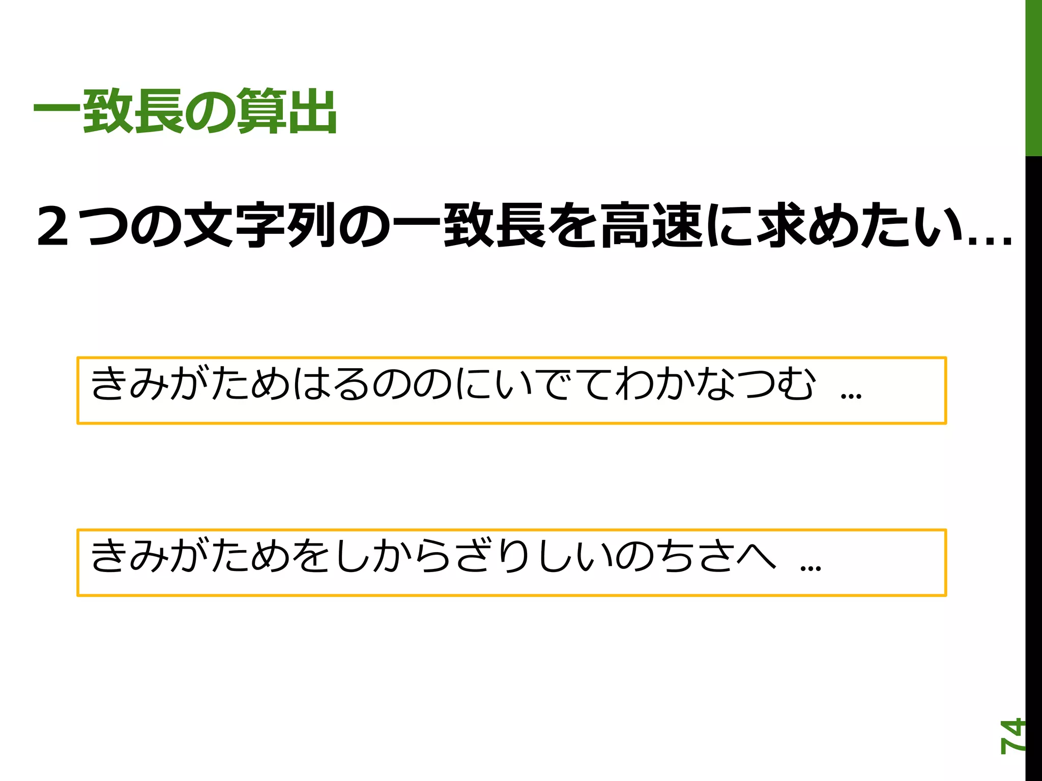 一致長の算出

２つの文字列の一致長を高速に求めたい…

 きみがためはるののにいでてわかなつむ …



 きみがためをしからざりしいのちさへ …




                        74
 