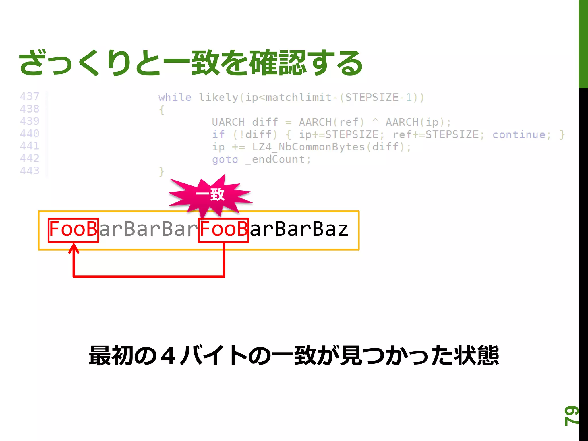 ざっくりと一致を確認する



            一致

 FooBarBarBarFooBarBarBaz




    最初の４バイトの一致が見つかった状態




                            79
 