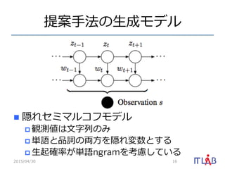 提案⼿手法の⽣生成モデル
n  隠れセミマルコフモデル
p 観測値は⽂文字列列のみ
p 単語と品詞の両⽅方を隠れ変数とする
p ⽣生起確率率率が単語ngramを考慮している
2015/04/30 16
 