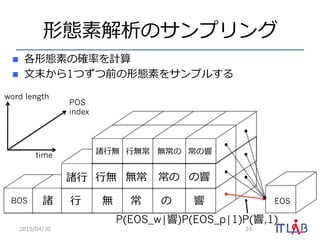 形態素解析のサンプリング
n  各形態素の確率率率を計算
n  ⽂文末から1つずつ前の形態素をサンプルする
2015/04/30 24
EOSBOS 諸 ⾏行行 無 常 の 響
諸⾏行行 ⾏行行無 無常 常の の響
word length
POS
index
time 諸⾏行行無 ⾏行行無常 無常の 常の響
P(EOS_w|響)P(EOS_p|1)P(響,1)
 