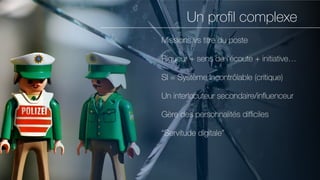 Un proﬁl complexe
Missions vs titre du poste
Rigueur + sens de l’écoute + initiative…
SI = Système Incontrôlable (critique)
Un interlocuteur secondaire/inﬂuenceur
Gère des personnalités diﬃciles
“Servitude digitale”
 