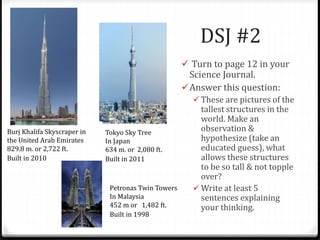 DSJ #2
 Turn to page 12 in your
Science Journal.
Answer this question:
 These are pictures of the
tallest structures in the
world. Make an
observation &
hypothesize (take an
educated guess), what
allows these structures
to be so tall & not topple
over?
 Write at least 5
sentences explaining
your thinking.
Burj Khalifa Skyscraper in
the United Arab Emirates
829.8 m. or 2,722 ft.
Built in 2010
Tokyo Sky Tree
In Japan
634 m. or 2,080 ft.
Built in 2011
Petronas Twin Towers
In Malaysia
452 m or 1,482 ft.
Built in 1998
 