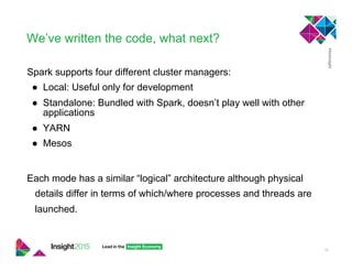 We’ve written the code, what next?
Spark supports four different cluster managers:
●  Local: Useful only for development
●  Standalone: Bundled with Spark, doesn’t play well with other
applications
●  YARN
●  Mesos
Each mode has a similar “logical” architecture although physical
details differ in terms of which/where processes and threads are
launched.
10
 