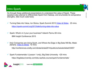 Intro Spark
Go through these additional presentations to understand the value of Spark. These
speakers also attempt to differentiate Spark from Hadoop, and enumerate its comparative
strengths. (Not much code here)
"  Turning Data into Value, Ion Stoica, Spark Summit 2013 Video & Slides 25 mins
https://spark-summit.org/2013/talk/turning-data-into-value
"  Spark: What’s in it your your business? Adarsh Pannu 60 mins
IBM Insight Conference 2015
"  How Companies are Using Spark, and Where the Edge in Big Data Will Be, Matei
Zaharia, Video & Slides 12 mins
http://conferences.oreilly.com/strata/strata2014/public/schedule/detail/33057
"  Spark Fundamentals I (Lesson 1 only), Big Data University <20 mins
https://bigdatauniversity.com/bdu-wp/bdu-course/spark-fundamentals/
 