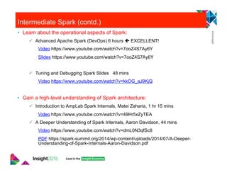 Intermediate Spark (contd.)
•  Learn about the operational aspects of Spark:
"  Advanced Apache Spark (DevOps) 6 hours # EXCELLENT!
Video https://www.youtube.com/watch?v=7ooZ4S7Ay6Y
Slides https://www.youtube.com/watch?v=7ooZ4S7Ay6Y
"  Tuning and Debugging Spark Slides 48 mins
Video https://www.youtube.com/watch?v=kkOG_aJ9KjQ
•  Gain a high-level understanding of Spark architecture:
"  Introduction to AmpLab Spark Internals, Matei Zaharia, 1 hr 15 mins
Video https://www.youtube.com/watch?v=49Hr5xZyTEA
"  A Deeper Understanding of Spark Internals, Aaron Davidson, 44 mins
Video https://www.youtube.com/watch?v=dmL0N3qfSc8
PDF https://spark-summit.org/2014/wp-content/uploads/2014/07/A-Deeper-
Understanding-of-Spark-Internals-Aaron-Davidson.pdf
 