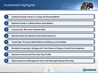 10
Investment Highlights
Leading Pure-play Carrier in a Large and Growing Market
Highly Experienced Management Team with Meaningful Equity Ownership
Disciplined Acquisition Strategy with Track Record of Organic Growth Post-integration
“Asset-right” Business Model Balances Resiliency and Flexibility
Significant Scale in a Market Where Scale Matters
Long-tenured, Blue-chip Customer Base
Attractive Financial and Free Cash Flow Profile
Well-diversified and Attractive End-market Exposure
1
2
3
4
5
6
7
8
 