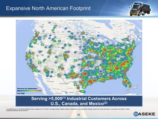 29
Expansive North American Footprint
Serving >5,000(1) Industrial Customers Across
U.S., Canada, and Mexico(2)
(1) Customers as of 3/31/2018 including Aveda. (2) Map as of 12/31/2017, excludes Aveda, reflects customer destinations, not originations; Daseke tractors do not go into Mexico, only trailers and freight. Tractors
supplied by Mexican carrier partners.
Revenue by Destination
Low High
 