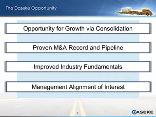 2
The Daseke Opportunity
Management Alignment of Interest
Opportunity for Growth via Consolidation
Proven M&A Record and Pipeline
Improved Industry Fundamentals
 