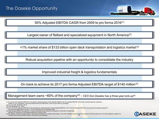 3
The Daseke Opportunity
50% Adjusted EBITDA CAGR from 2009 to pro forma 2016(1)
Management team owns ~60% of the company(5) - CEO Don Daseke has a three-year lock-up(6)
Improved industrial freight & logistics fundamentals
Robust acquisition pipeline with an opportunity to consolidate the industry
Largest owner of flatbed and specialized equipment in North America(2)
<1% market share of $133 billion open deck transportation and logistics market(3)
(1) Pro forma 2016 Adjusted EBITDA is calculated by adding Daseke’s 2016 Adjusted EBITDA with the Adjusted EBITDA of the three recently acquired companies
(based on such companies’ internally prepared financial statements). Does not give effect to synergies.
(2) CCJ Top 250, September 2016.
(3) FTR Associates, Inc., 2016.
(4) 2017 pro forma Adjusted EBITDA will be calculated by adding Daseke’s actual Adjusted EBITDA in 2017 and the Adjusted EBITDA of any acquired business during 2017
for the period beginning on January 1, 2017 and ending on the acquisition date.
(5) Does not give effect to the payout of 15 million potential earnout shares and assumes no exercise of outstanding
warrants or conversion of convertible preferred to common stock.
(6) Mr. Daseke intends to donate shares to educational institutions or charities; accordingly, 10% of Mr. Daseke’s shares are not be subject to the three-year lock-up but will instead be subject to a
180-day lock-up (from donation date) in the event of such donation.
On track to achieve its 2017 pro forma Adjusted EBITDA target of $140 million(4)
 