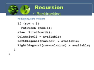 The Eight Queens Problem
Recursion
• Backtracking
 