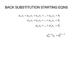 BACK SUBSTITUTION STARTING EQNS
'
2
'
23
'
232
'
22 ... bxaxaxa nn 
"
3
"
3
"
33 ... bxaxa nn 
   11 

n
nn
n
nn bxa
. .
. .
. .
11313212111 ... bxaxaxaxa nn 
 