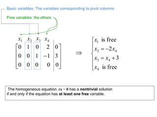 The homogeneous equation Ax = 0 has a nontrivial solution
if and only if the equation has at least one free variable.
Basic variables: The variables corresponding to pivot columns











00000
31100
02010
1x 2x 3x 4x
Free variables: the others









freeis
3
2
freeis
4
43
42
1
x
xx
xx
x

 