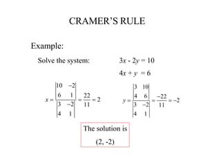 CRAMER’S RULE
Example:
Solve the system: 3x - 2y = 10
4x + y = 6
10 2
6 1 22
2
3 2 11
4 1
x

  

3 10
4 6 22
2
3 2 11
4 1
y

   

The solution is
(2, -2)
 