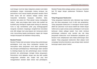 KSSM BAHASA ARAB TINGKATAN 1
13
murid dengan murid lain tetapi melaporkan prestasi murid dalam
pembelajaran dengan menerangkan tentang kemajuan dan
pertumbuhan murid merujuk kepada pernyataan standard. Murid
dinilai secara adil dan saksama sebagai individu dalam
masyarakat berdasarkan keupayaan, kebolehan, bakat,
kemahiran dan potensi diri. Pihak sekolah mampu mendapatkan
maklum balas yang lengkap dalam bentuk data kualitatif dan
kuantitatif yang merangkumi segala aspek tentang diri seseorang
murid itu bagi membolehkan pihak yang bertanggungjawab
mengenali, memahami, menghargai, mengiktiraf dan memuliakan
anak didik sebagai insan yang berguna dan mempunyai potensi
untuk menyumbang kepada pembangunan negara dan bangsa
mengikut keupayaan dan kebolehan masing-masing.
Standard Prestasi
Standard Prestasi ialah pernyataan tentang tahap perkembangan
pembelajaran murid yang diukur berdasarkan standard dan
menunjukkan tahap penguasaan murid dalam perkembangan
atau kemajuan pembelajarannya. Perkembangan dalam standard
itu terbahagi kepada dua iaitu perkembangan secara mendatar
(konstruk) dan perkembangan menegak (tahap penguasaan).
Pertumbuhan murid dijelaskan dengan satu atau lebih qualifier
menggunakan perkataan atau rangkai kata yang betul
menggambarkan standard dalam bentuk hasil pembelajaran.
Standard Prestasi dibina sebagai panduan untuk guru menambah
baik PS sejajar dengan pelaksanaan Pentaksiran Rujukan
Standard.
Tahap Penguasaan Keseluruhan
Tahap penguasaan keseluruhan perlu ditentukan bagi memberi
satu nilai tahap penguasaan murid di akhir sesi persekolahan.
Tahap penguasaan keseluruhan ini merangkumi domain kognitif,
afektif dan psikomotor murid secara kolektif dan holistik dengan
melihat semua aspek semasa proses pembelajaran murid secara
berterusan melalui pelbagai kaedah. Guru boleh membuat
pertimbangan profesional untuk memberi satu nilai tahap
penguasaan keseluruhan murid berdasarkan pengalaman guru
bersama murid, kebijaksanaan serta melalui perbincangan rakan
sejawat. Tahap penguasaan keseluruhan diberi selepas murid
mempelajari kemahiran-kemahiran yang terdapat dalam standard
kandungan seperti Jadual 4 berikut:
 