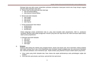 DOKUMEN STANDARD KURIKULUM DAN PENTAKSIRAN BAHASA MELAYU SEKOLAH KEBANGSAAN TAHUN 6
10
Golongan kata pula ialah proses menjeniskan perkataan berdasarkan keserupaan bentuk atau fungsi dengan anggota
yang lain dalam golongan yang sama.
a. Struktur kata merujuk pada pola suku kata bagi:
 kata asli bahasa Melayu
 kata pinjaman bahasa Melayu
b. Bentuk kata terdiri daripada:
 kata tunggal
 kata terbitan
 kata ganda
 kata majmuk
c. Proses pembentukan kata meliputi:
 pengimbuhan
 penggandaan
 pemajmukan
Antara ketiga-tiga proses pembentukan kata ini, yang amat kompleks ialah pengimbuhan. Oleh itu, penekanan
hendaklah diberikan pada aspek penggunaan imbuhan yang betul dari segi bentuk dan makna termasuk aspek baharu
dalam proses pengimbuhan.
d. Golongan kata terdiri daripada:
 kata nama
 kata kerja
 kata adjektif
 kata tugas
ii. Sintaksis
Sintaksis ialah bidang ilmu bahasa yang mengkaji bentuk, struktur dan binaan ayat. Hal ini bermakna, bidang sintaksis
ialah kajian tentang hukum atau rumus tatabahasa yang mendasari kaedah penggabungan dan penyusunan perkataan
atau kelompok perkataan untuk membentuk ayat. Aspek sintaksis yang diberikan tumpuan adalah seperti yang berikut:
a. Unsur utama yang terdiri daripada kata, frasa, klausa dan aspek pembinaannya serta pembahagian subjek dan
predikat
b. Jenis ayat iaitu ayat penyata, ayat tanya, ayat perintah dan ayat seruan
 